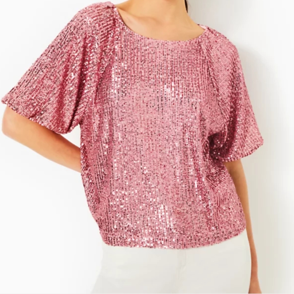 NWT Lilly Pulitzer Cressida Sequin Knit Top Sz Lg Conch Shell Pink